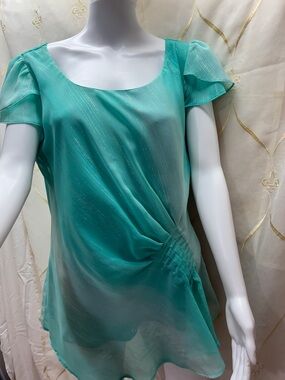 Dress Barn Teal Shimmer Scoop Neck Flutter Sleeve Blouse